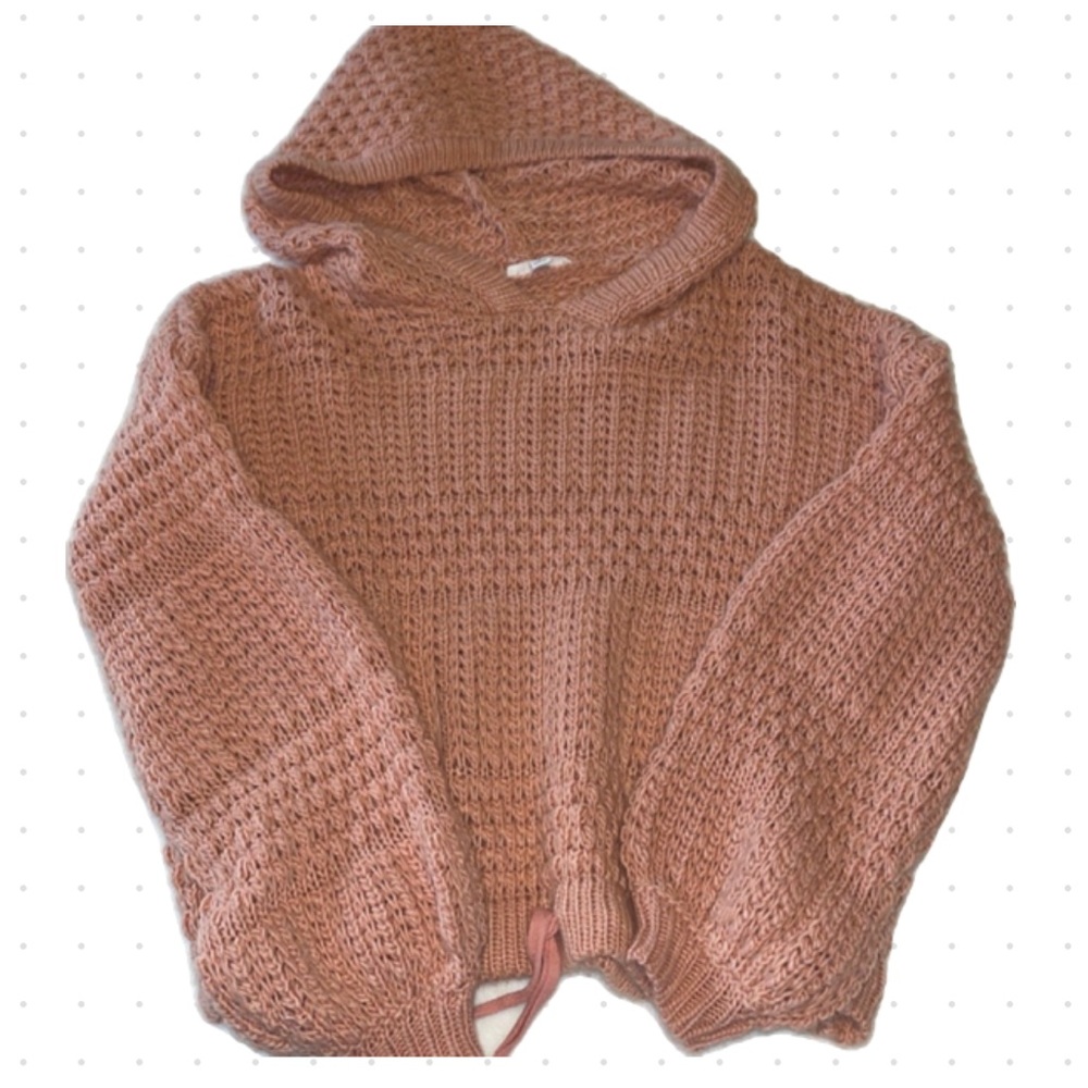 Cropped, hooded, tie front sweater